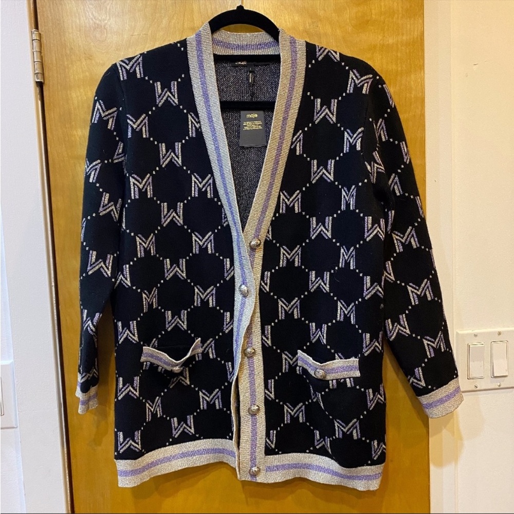 EUC Maje Monogram Purple and Black Button Sweater